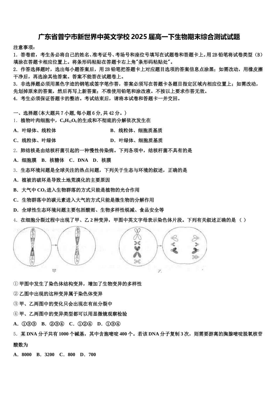 广东省普宁市新世界中英文学校2025届高一下生物期末综合测试试题含解析_第1页