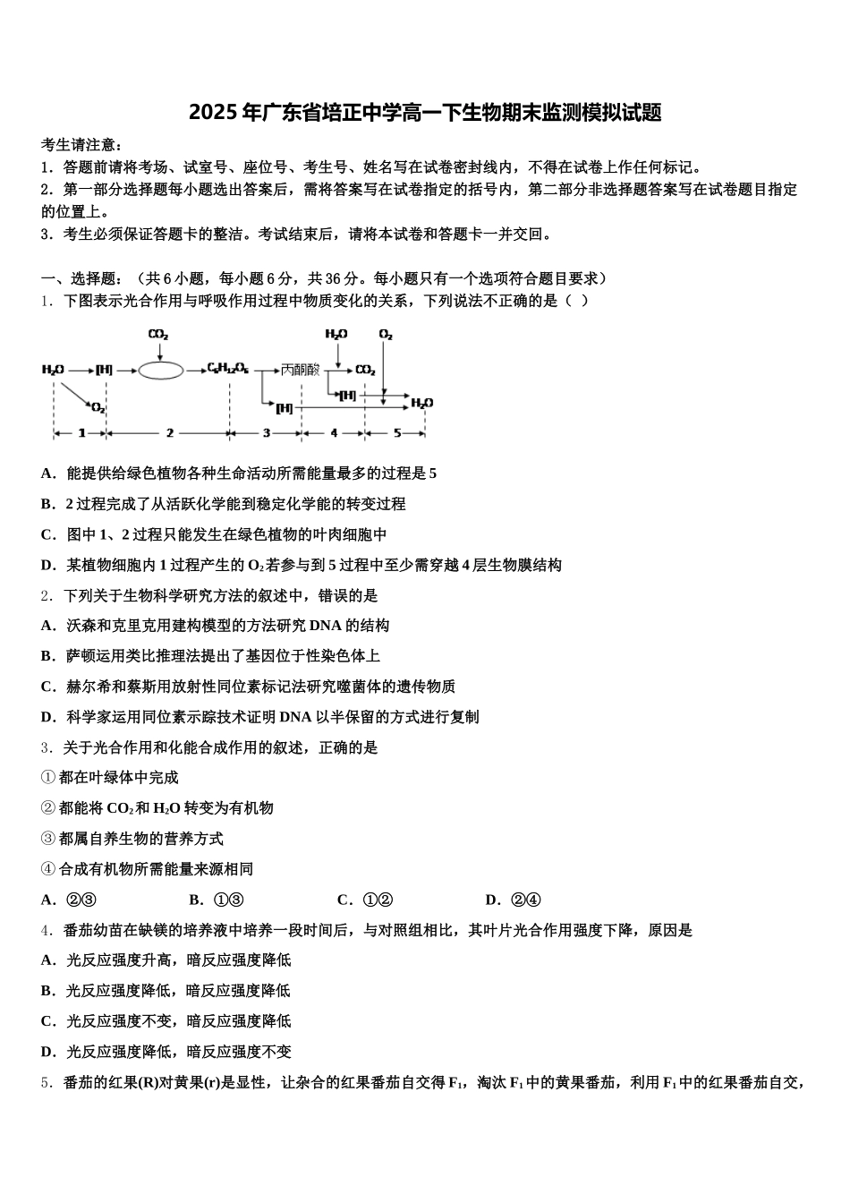 2025年广东省培正中学高一下生物期末监测模拟试题含解析_第1页