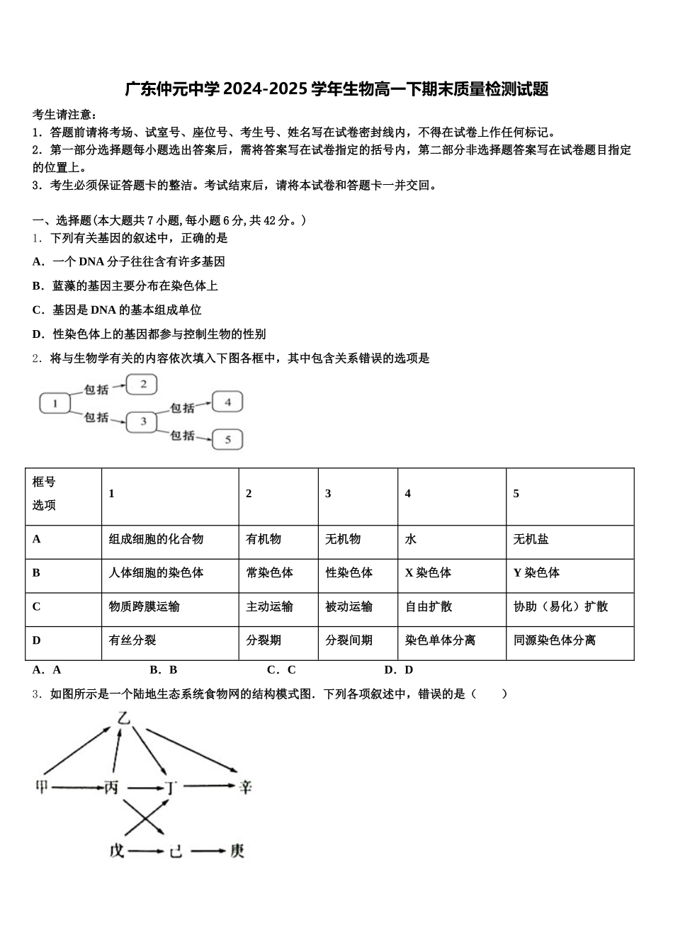 广东仲元中学2024-2025学年生物高一下期末质量检测试题含解析_第1页