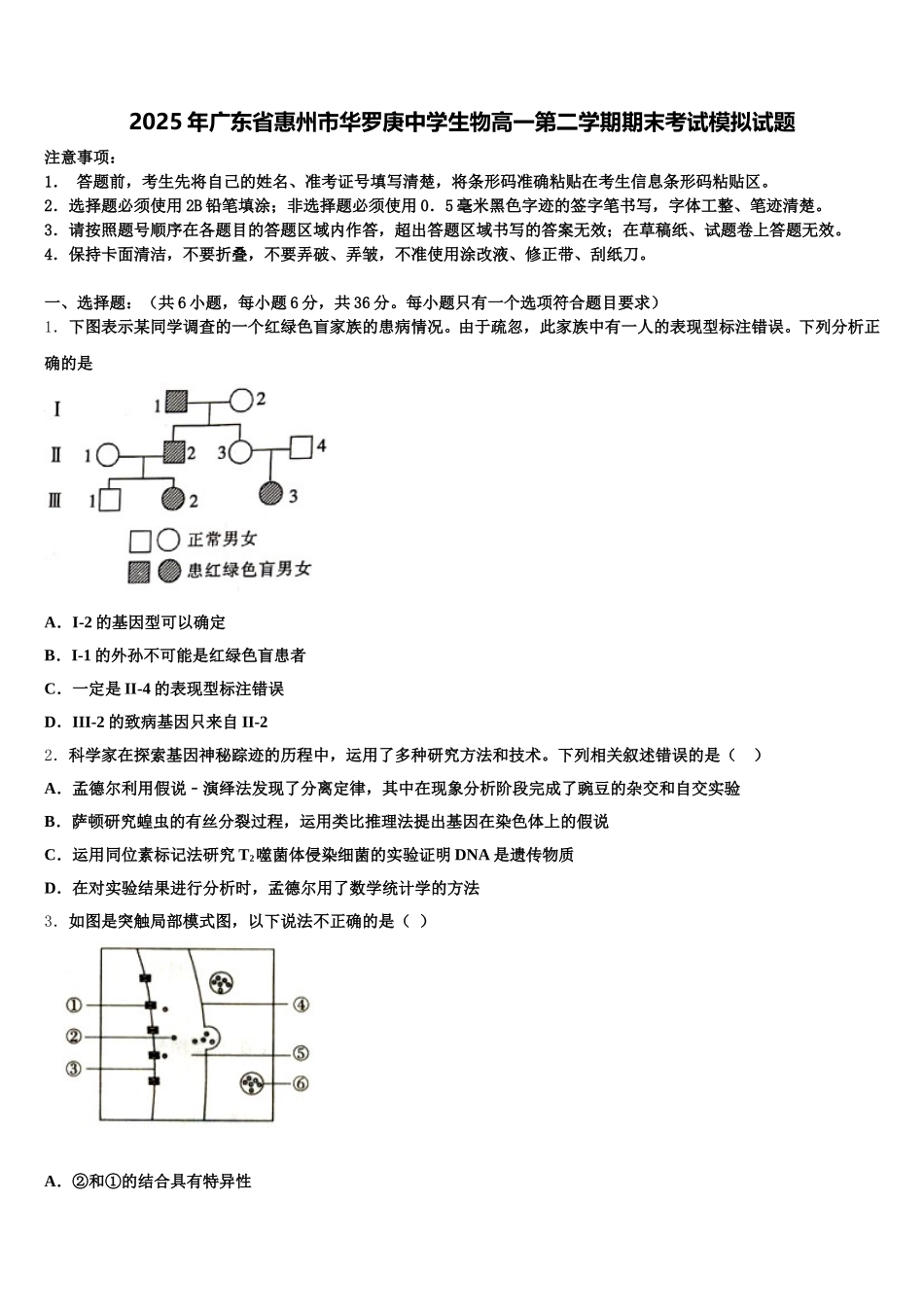 2025年广东省惠州市华罗庚中学生物高一第二学期期末考试模拟试题含解析_第1页