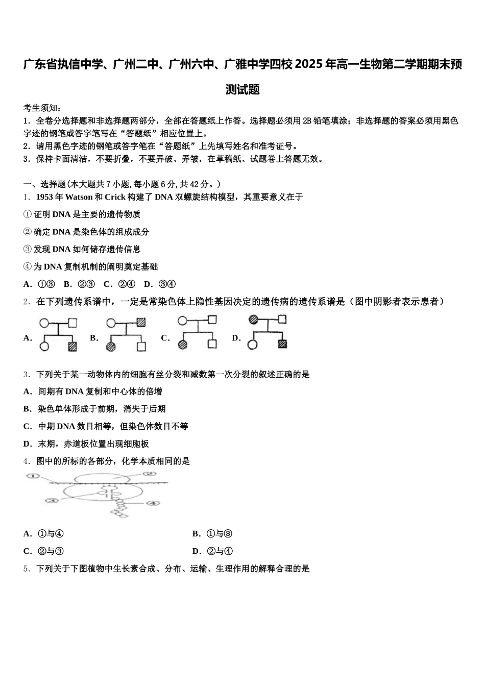 广东省执信中学、广州二中、广州六中、广雅中学四校2025年高一生物第二学期期末预测试题含解析_第1页