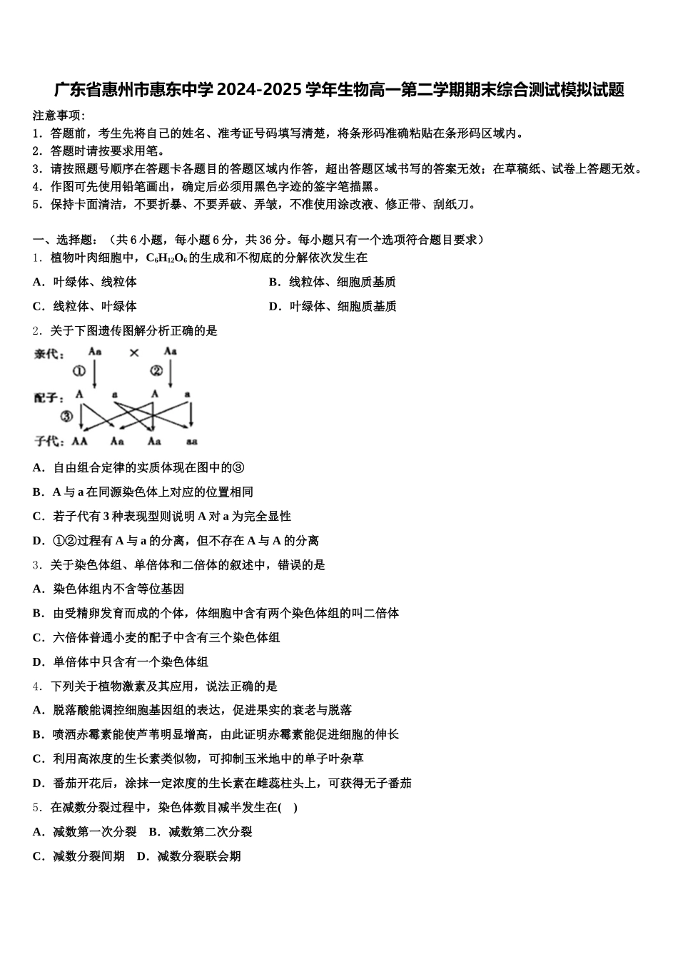 广东省惠州市惠东中学2024-2025学年生物高一第二学期期末综合测试模拟试题含解析_第1页