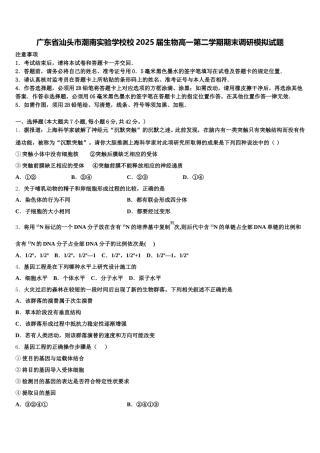 广东省汕头市潮南实验学校校2025届生物高一第二学期期末调研模拟试题含解析
