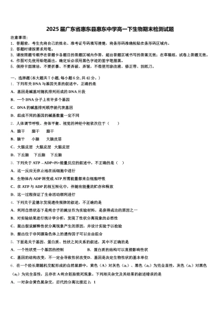 2025届广东省惠东县惠东中学高一下生物期末检测试题含解析