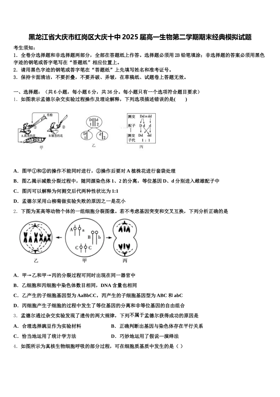 黑龙江省大庆市红岗区大庆十中2025届高一生物第二学期期末经典模拟试题含解析_第1页