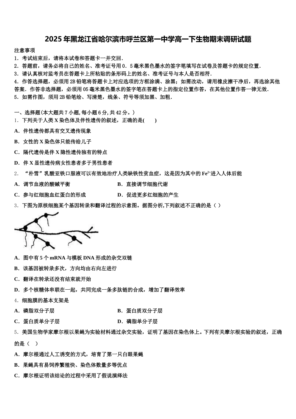 2025年黑龙江省哈尔滨市呼兰区第一中学高一下生物期末调研试题含解析_第1页