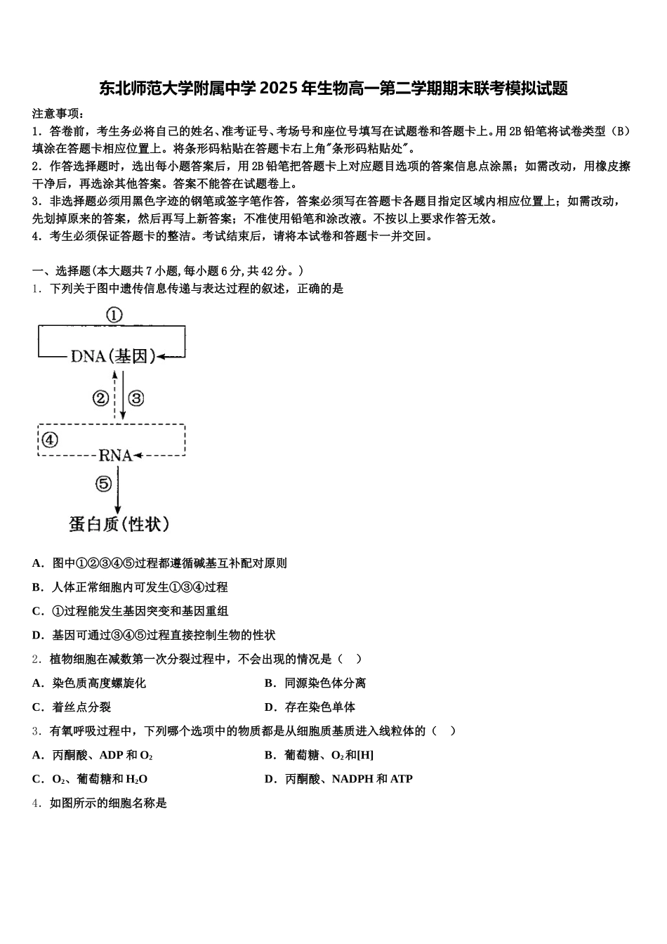 东北师范大学附属中学2025年生物高一第二学期期末联考模拟试题含解析_第1页
