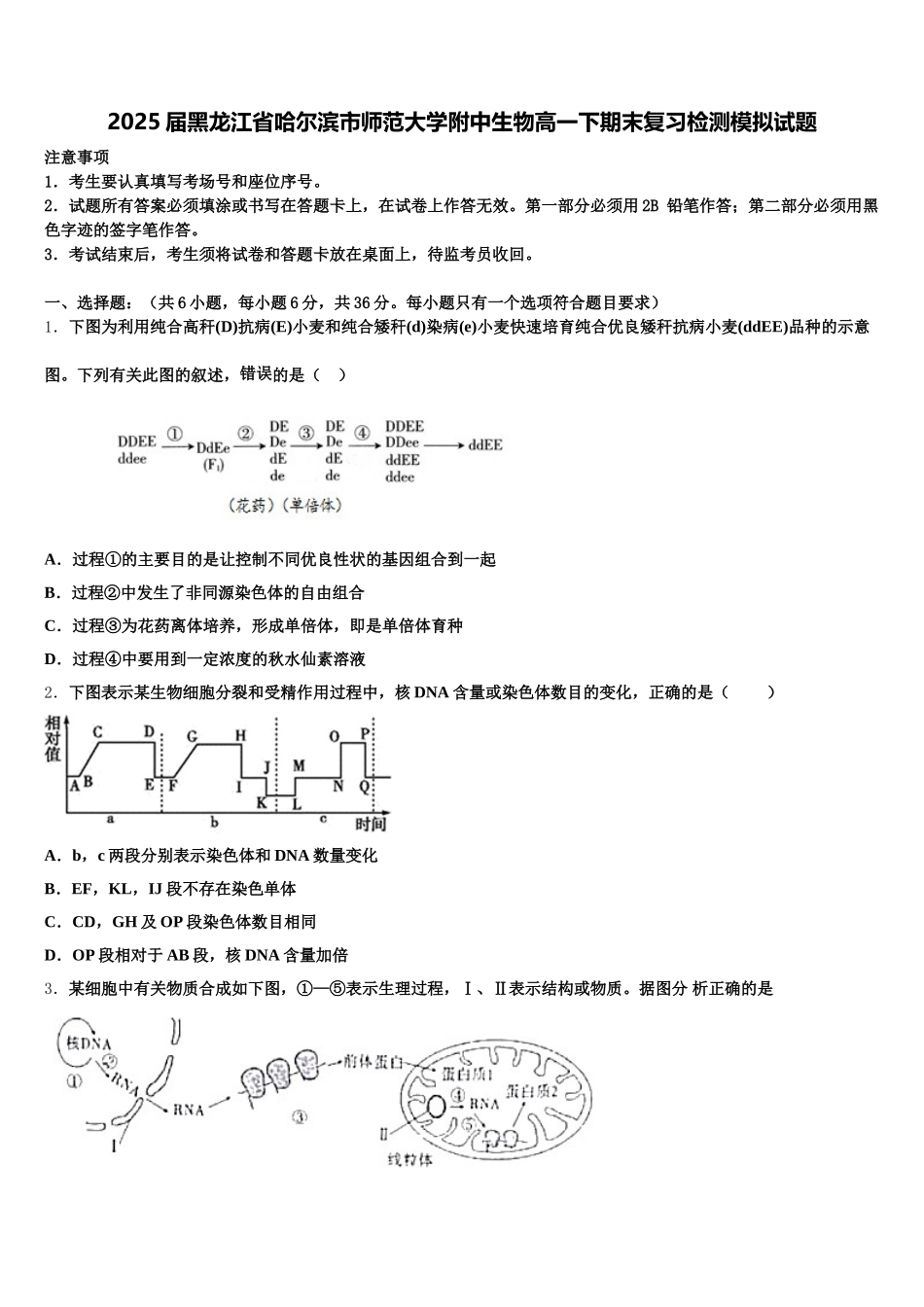 2025届黑龙江省哈尔滨市师范大学附中生物高一下期末复习检测模拟试题含解析_第1页