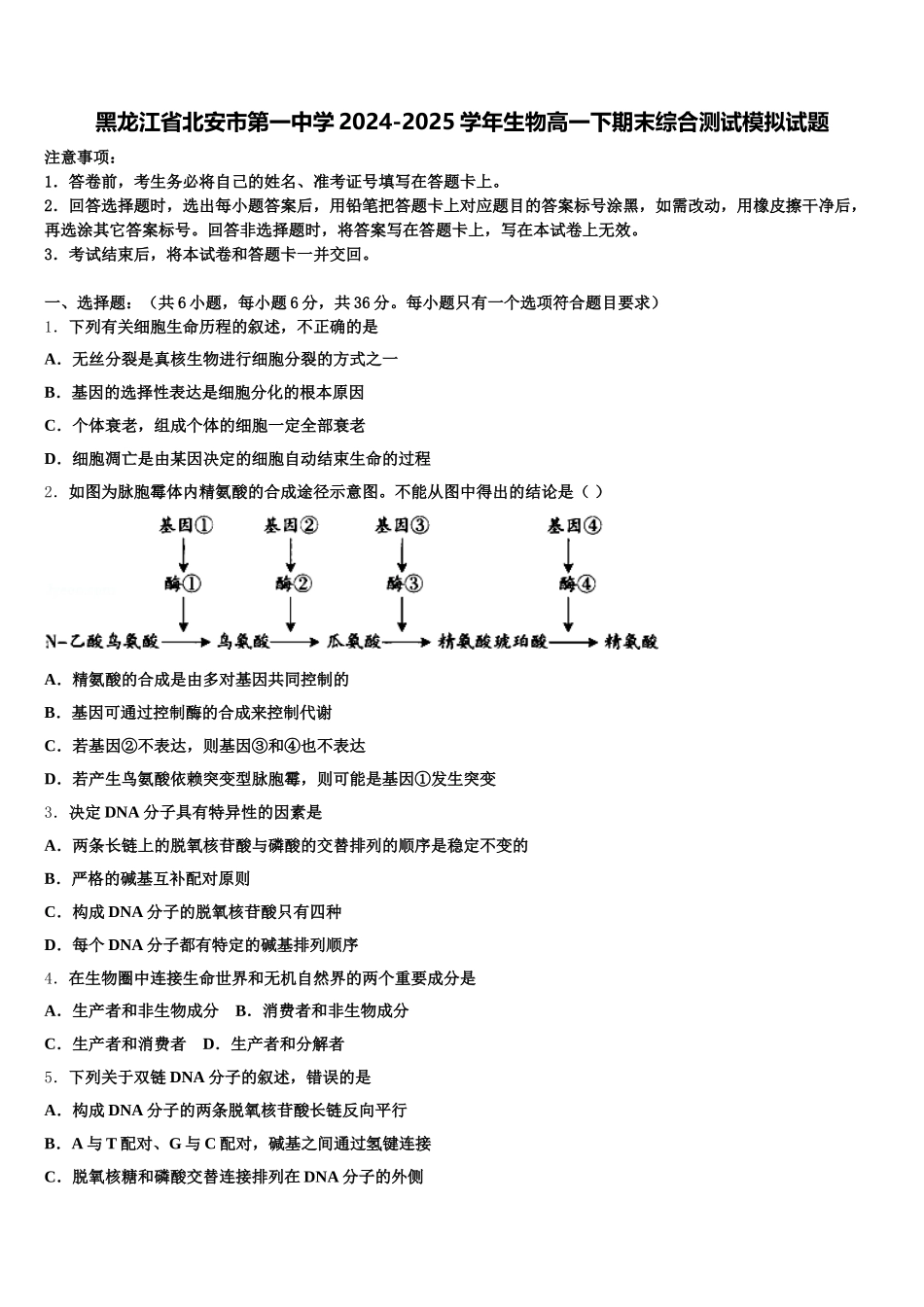 黑龙江省北安市第一中学2024-2025学年生物高一下期末综合测试模拟试题含解析_第1页