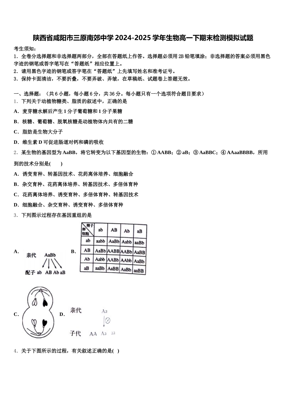 陕西省咸阳市三原南郊中学2024-2025学年生物高一下期末检测模拟试题含解析_第1页