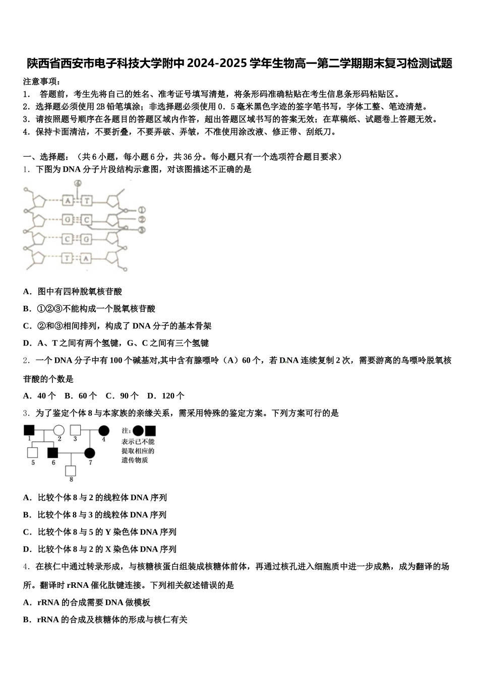 陕西省西安市电子科技大学附中2024-2025学年生物高一第二学期期末复习检测试题含解析_第1页