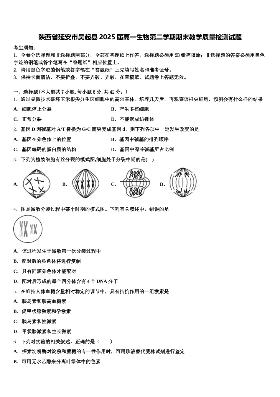 陕西省延安市吴起县2025届高一生物第二学期期末教学质量检测试题含解析_第1页