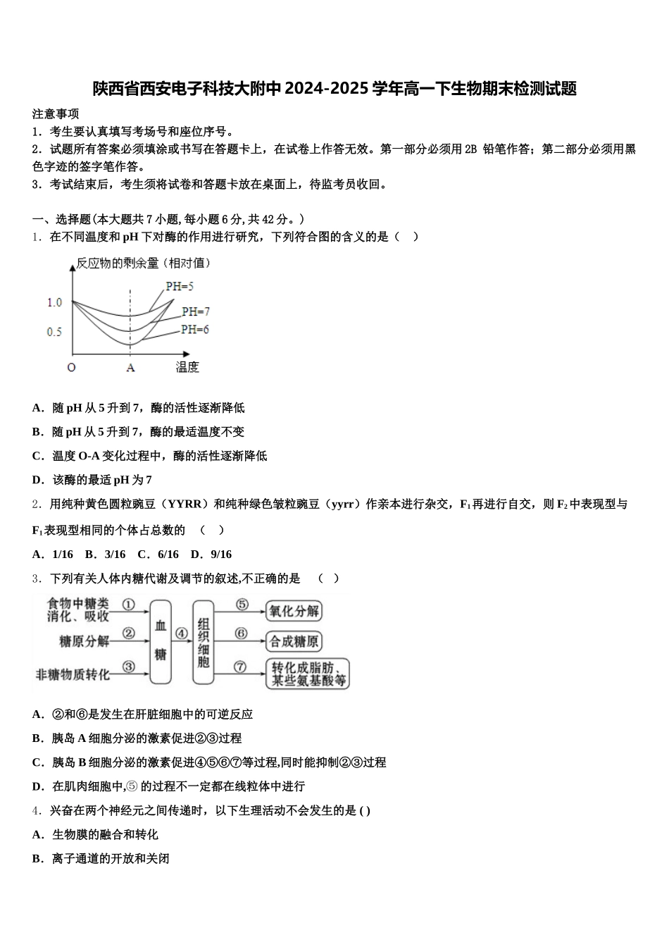 陕西省西安电子科技大附中2024-2025学年高一下生物期末检测试题含解析_第1页