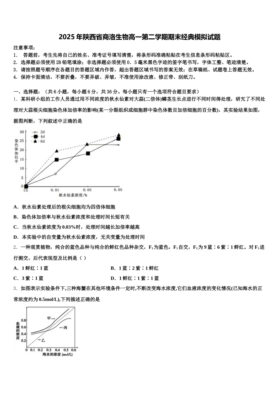 2025年陕西省商洛生物高一第二学期期末经典模拟试题含解析_第1页