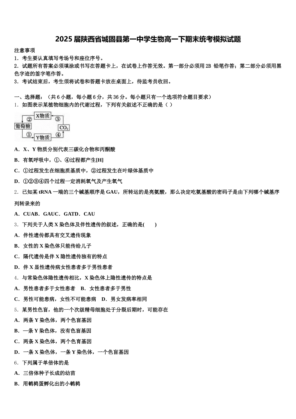 2025届陕西省城固县第一中学生物高一下期末统考模拟试题含解析_第1页