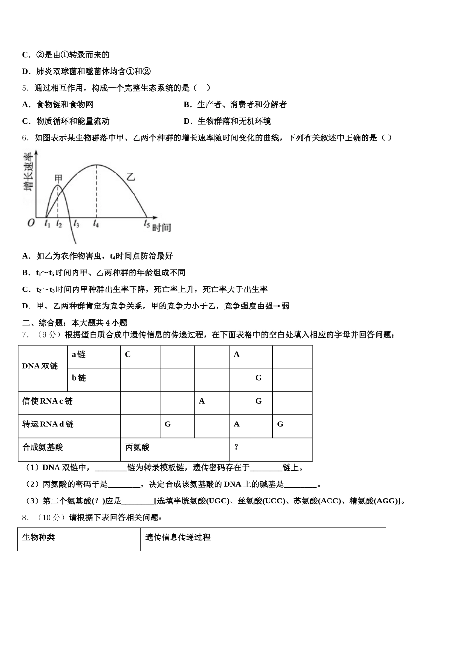 陕西省西安市电子科技大学附属中学2025年生物高一第二学期期末学业质量监测试题含解析_第2页
