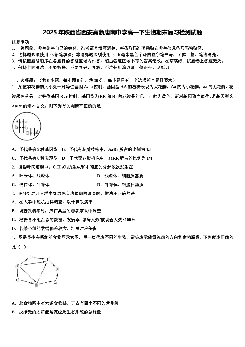 2025年陕西省西安高新唐南中学高一下生物期末复习检测试题含解析_第1页