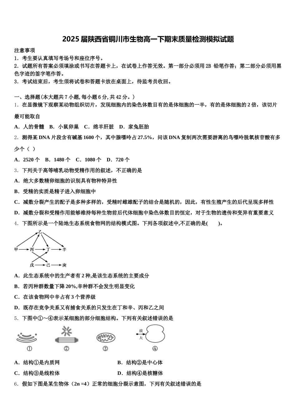 2025届陕西省铜川市生物高一下期末质量检测模拟试题含解析_第1页
