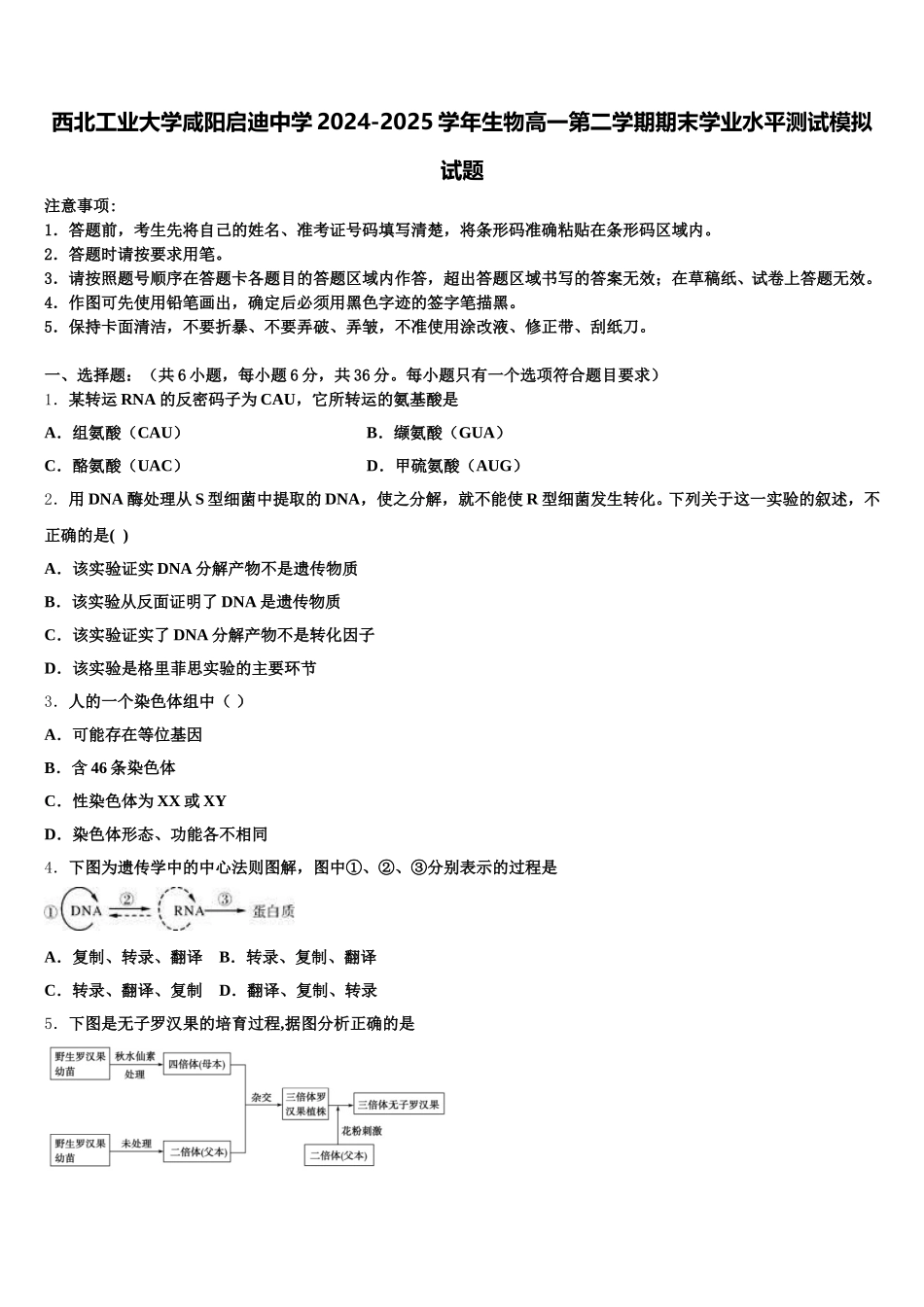 西北工业大学咸阳启迪中学2024-2025学年生物高一第二学期期末学业水平测试模拟试题含解析_第1页