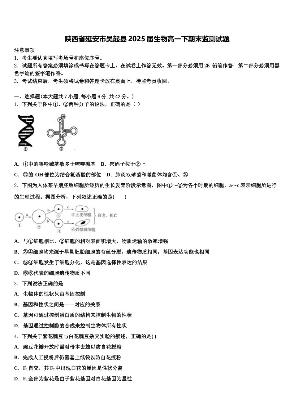 陕西省延安市吴起县2025届生物高一下期末监测试题含解析_第1页