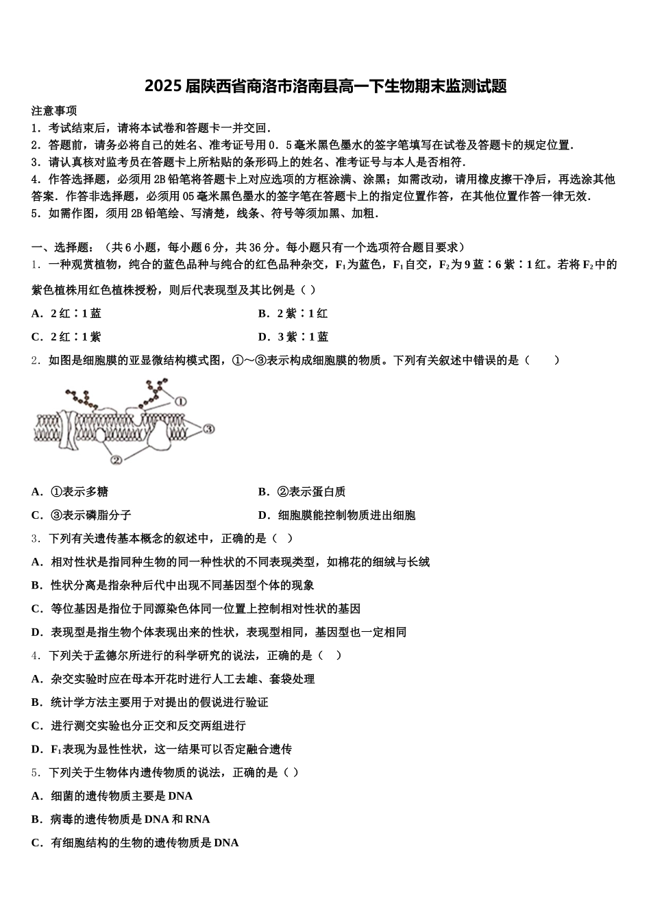 2025届陕西省商洛市洛南县高一下生物期末监测试题含解析_第1页