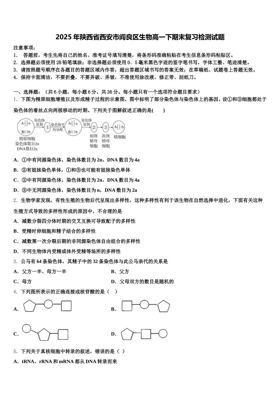 2025年陕西省西安市阎良区生物高一下期末复习检测试题含解析_第1页