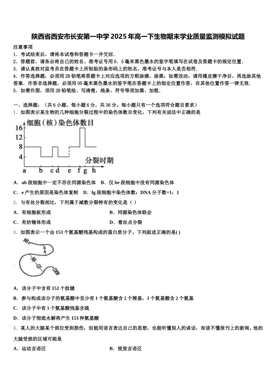 陕西省西安市长安第一中学2025年高一下生物期末学业质量监测模拟试题含解析_第1页