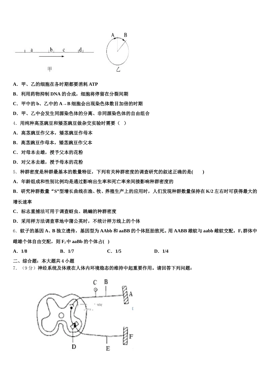 2025年浙江省台州市台州中学高一生物第二学期期末质量跟踪监视模拟试题含解析_第2页