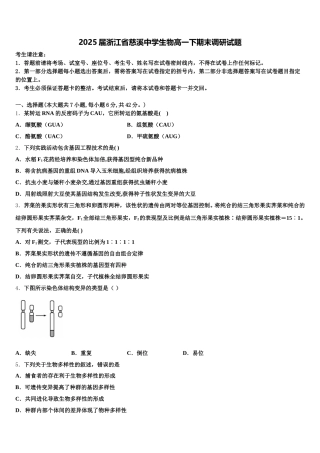 2025届浙江省慈溪中学生物高一下期末调研试题含解析