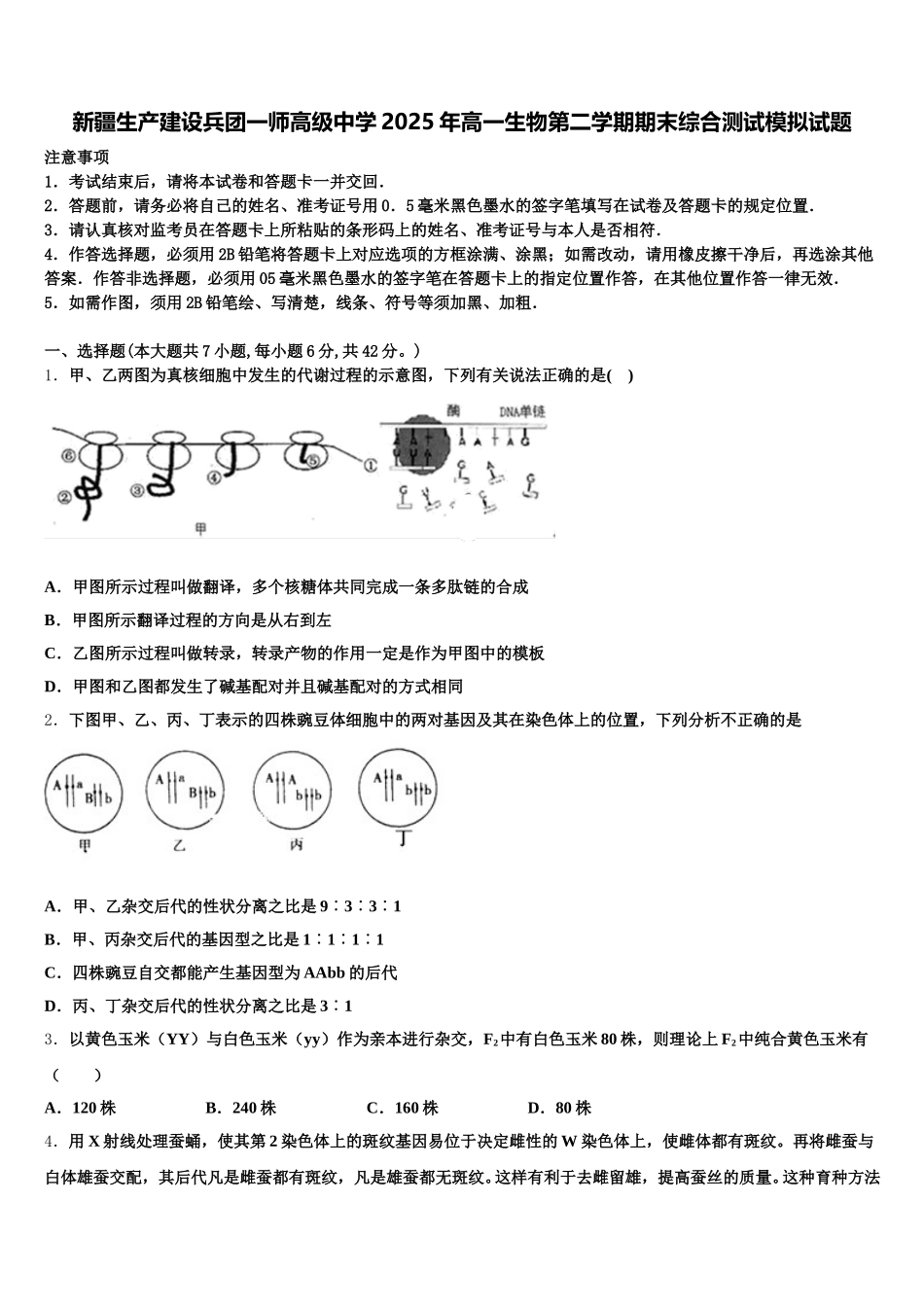 新疆生产建设兵团一师高级中学2025年高一生物第二学期期末综合测试模拟试题含解析_第1页