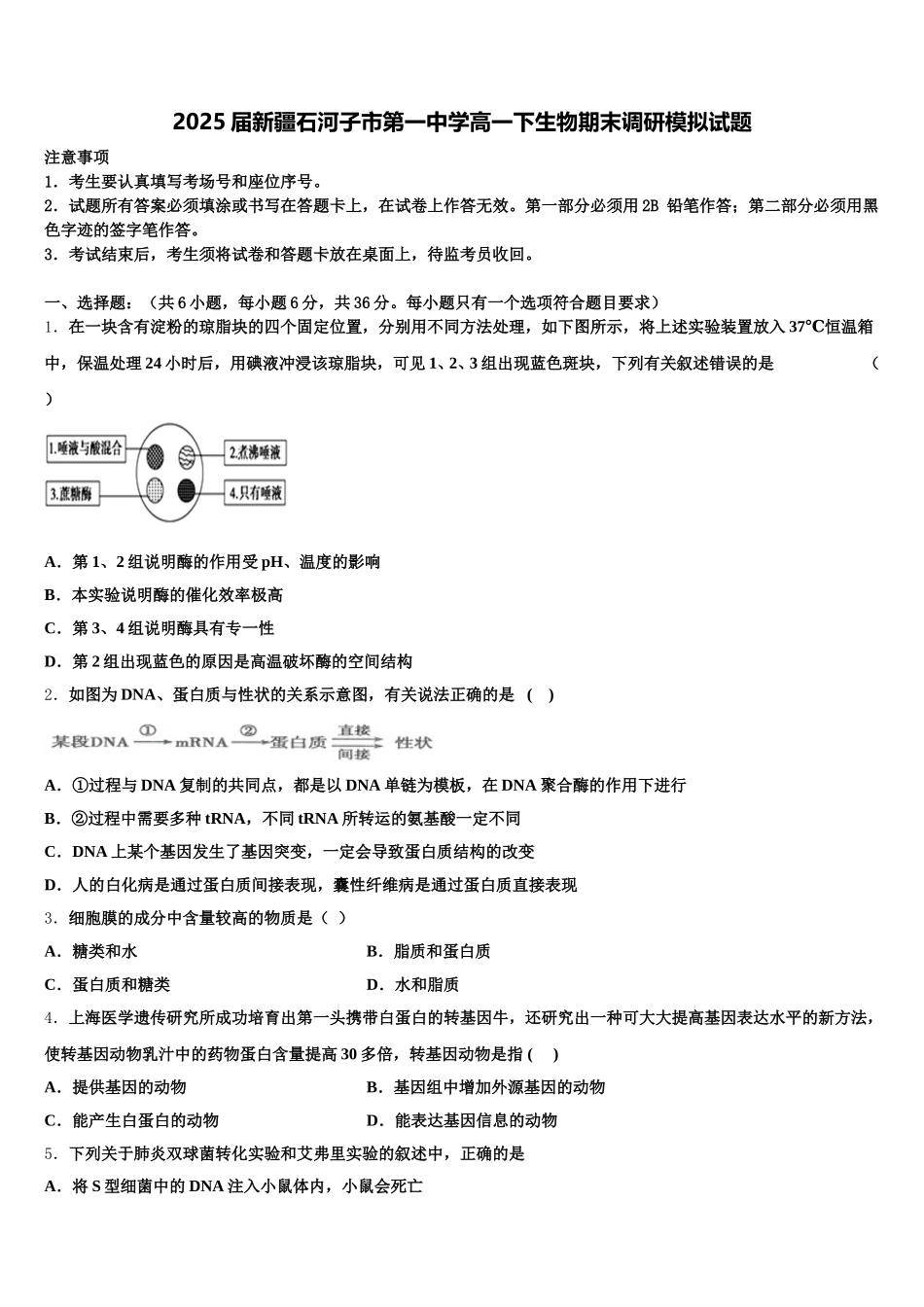 2025届新疆石河子市第一中学高一下生物期末调研模拟试题含解析_第1页