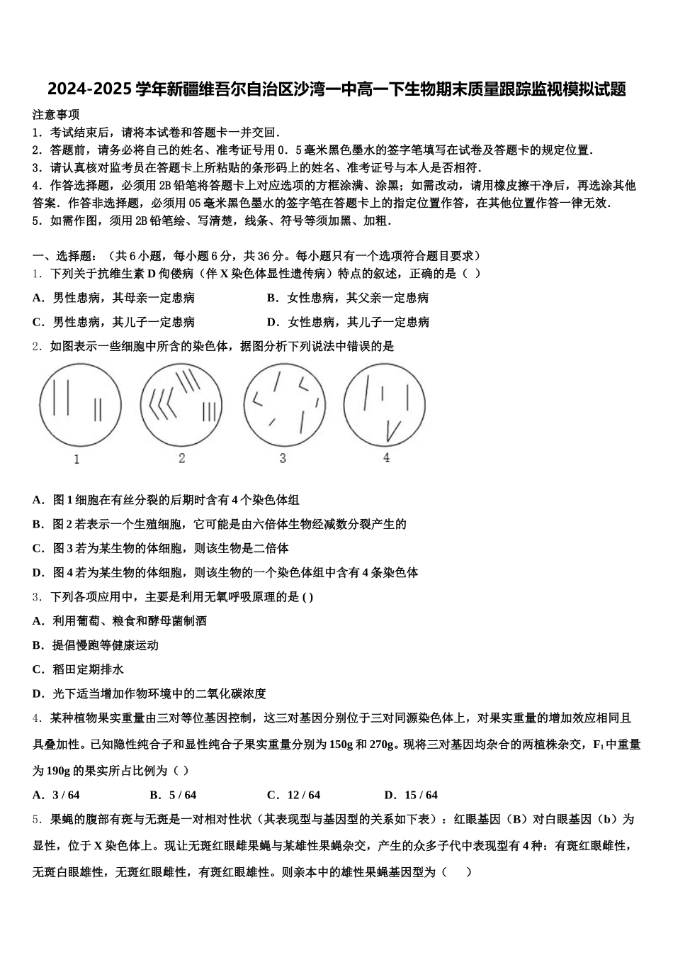 2024-2025学年新疆维吾尔自治区沙湾一中高一下生物期末质量跟踪监视模拟试题含解析_第1页