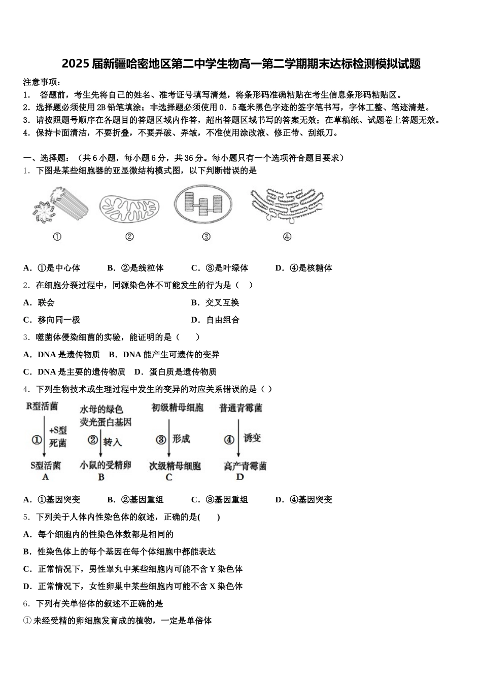2025届新疆哈密地区第二中学生物高一第二学期期末达标检测模拟试题含解析_第1页