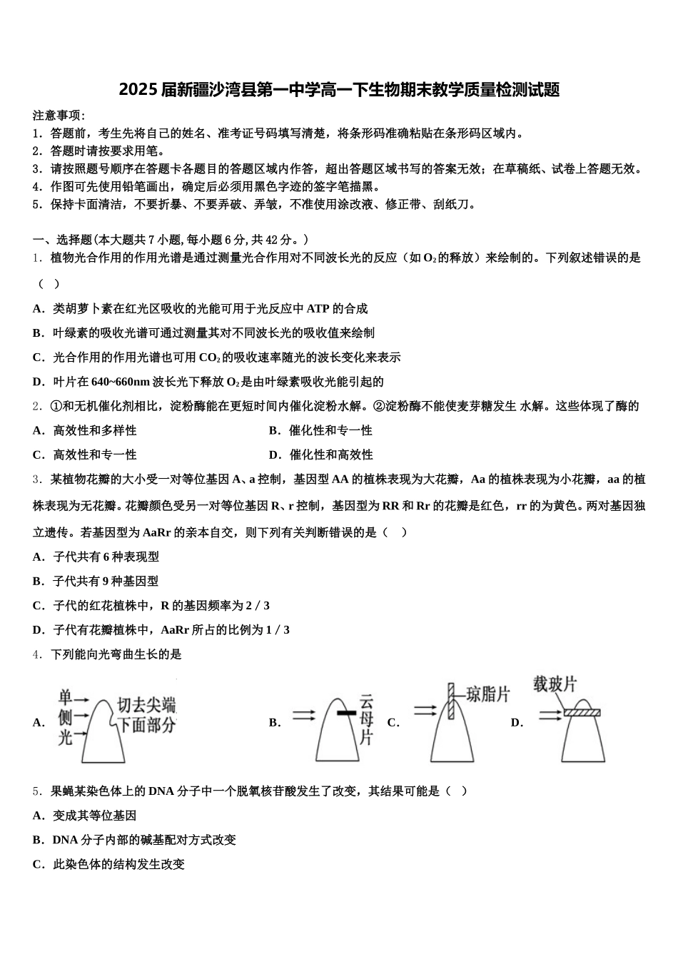 2025届新疆沙湾县第一中学高一下生物期末教学质量检测试题含解析_第1页
