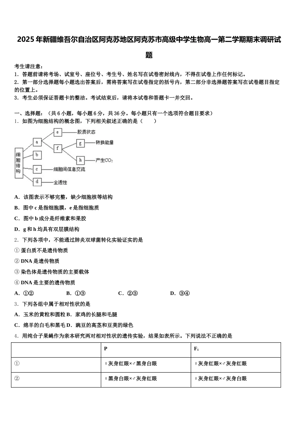 2025年新疆维吾尔自治区阿克苏地区阿克苏市高级中学生物高一第二学期期末调研试题含解析_第1页