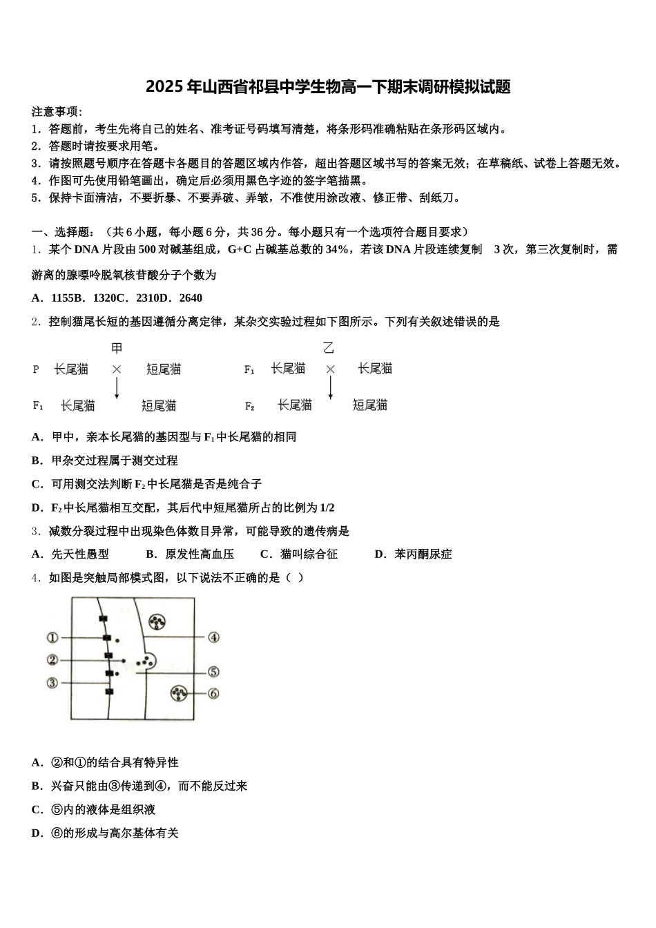 2025年山西省祁县中学生物高一下期末调研模拟试题含解析_第1页