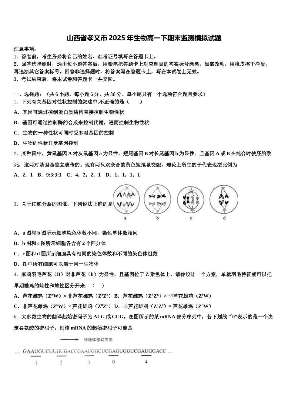 山西省孝义市2025年生物高一下期末监测模拟试题含解析_第1页