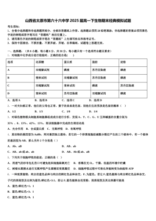 山西省太原市第六十六中学2025届高一下生物期末经典模拟试题含解析