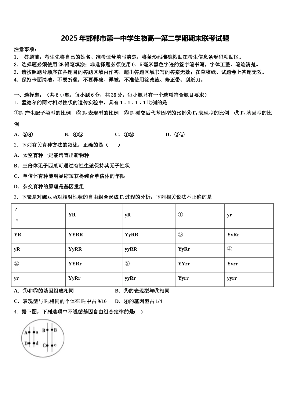 2025年邯郸市第一中学生物高一第二学期期末联考试题含解析_第1页