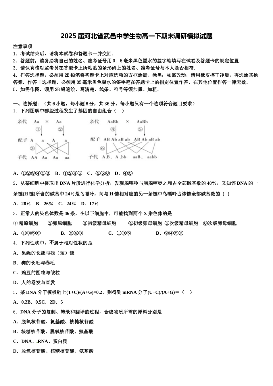 2025届河北省武邑中学生物高一下期末调研模拟试题含解析_第1页