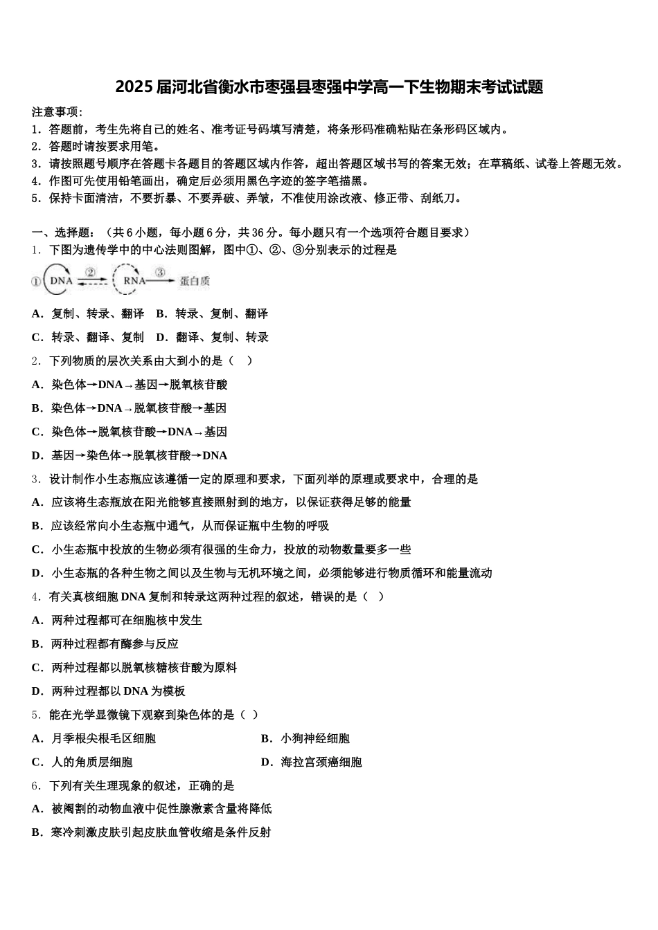 2025届河北省衡水市枣强县枣强中学高一下生物期末考试试题含解析_第1页