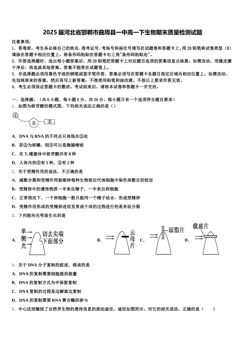 2025届河北省邯郸市曲周县一中高一下生物期末质量检测试题含解析_第1页