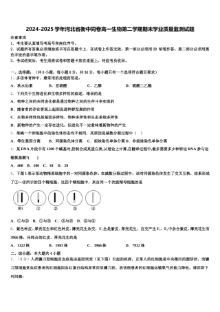 2024-2025学年河北省衡中同卷高一生物第二学期期末学业质量监测试题含解析