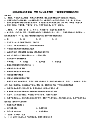 河北省唐山市唐山第一中学2025年生物高一下期末学业质量监测试题含解析