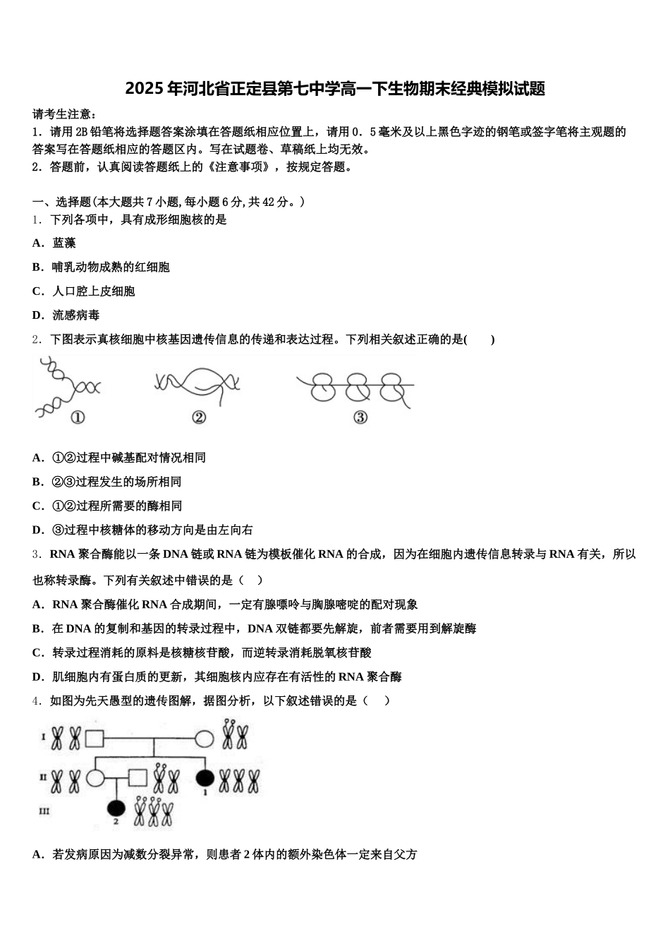 2025年河北省正定县第七中学高一下生物期末经典模拟试题含解析_第1页
