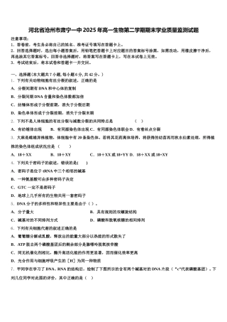 河北省沧州市肃宁一中2025年高一生物第二学期期末学业质量监测试题含解析