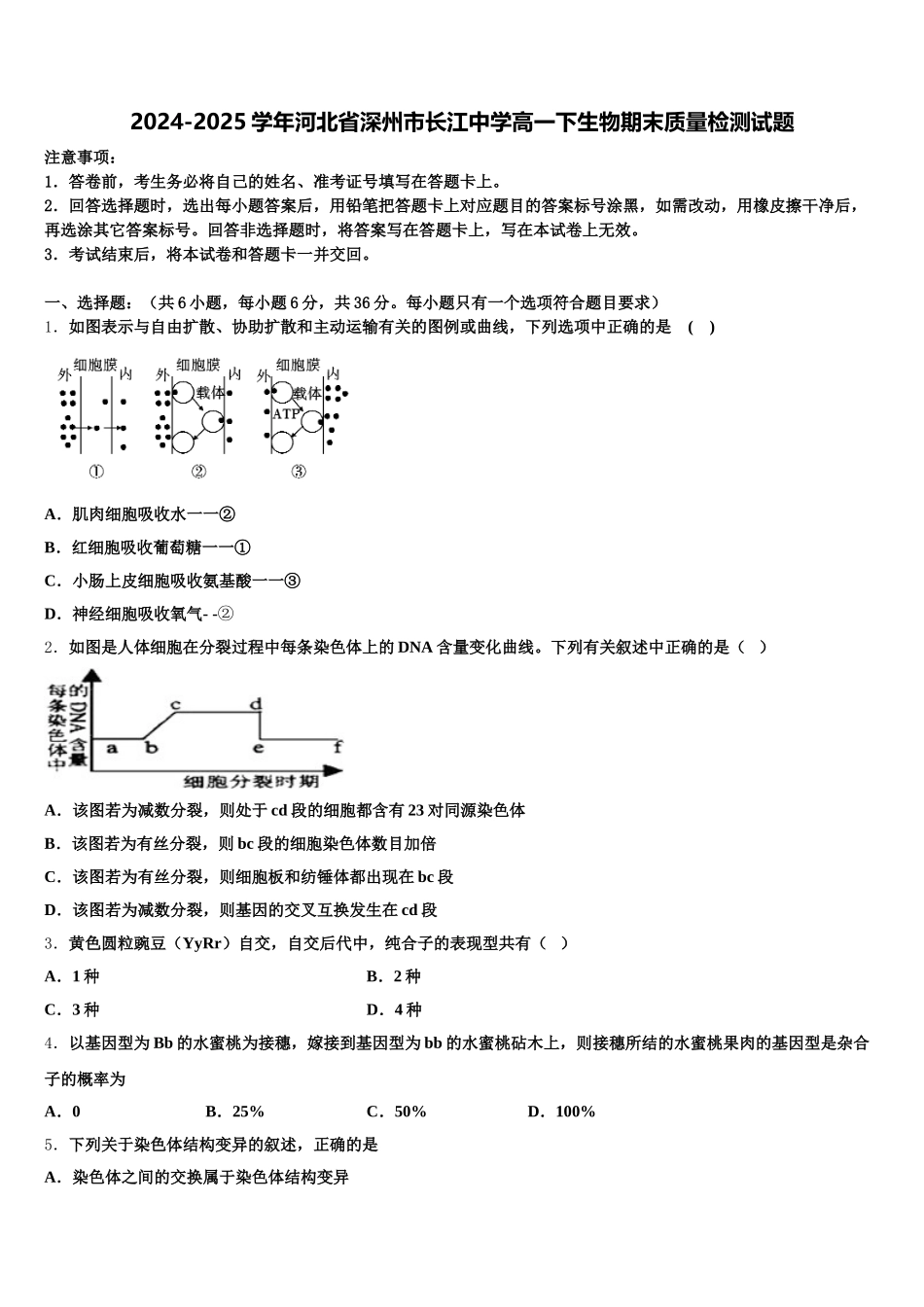 2024-2025学年河北省深州市长江中学高一下生物期末质量检测试题含解析_第1页