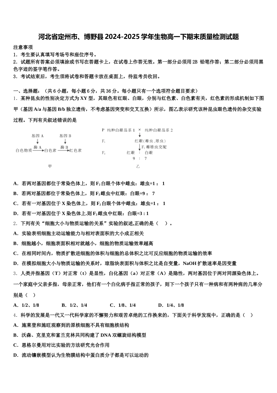河北省定州市、博野县2024-2025学年生物高一下期末质量检测试题含解析_第1页
