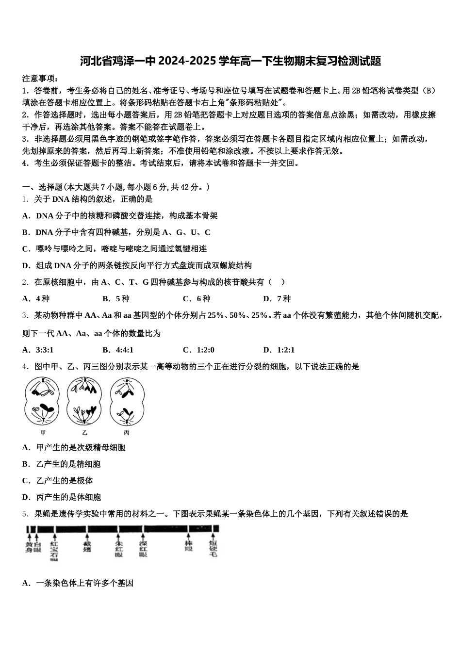 河北省鸡泽一中2024-2025学年高一下生物期末复习检测试题含解析_第1页