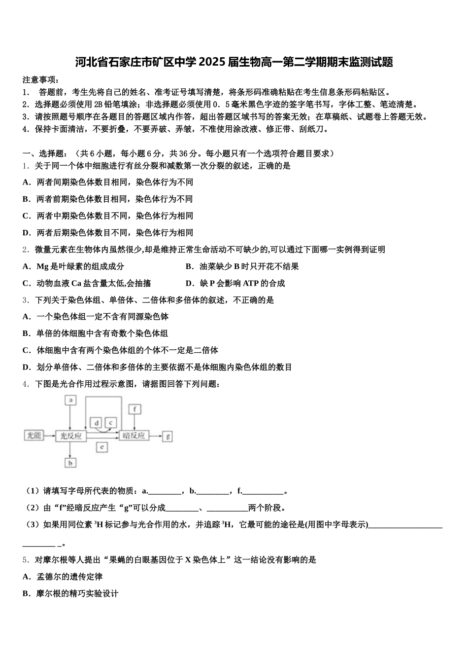 河北省石家庄市矿区中学2025届生物高一第二学期期末监测试题含解析_第1页